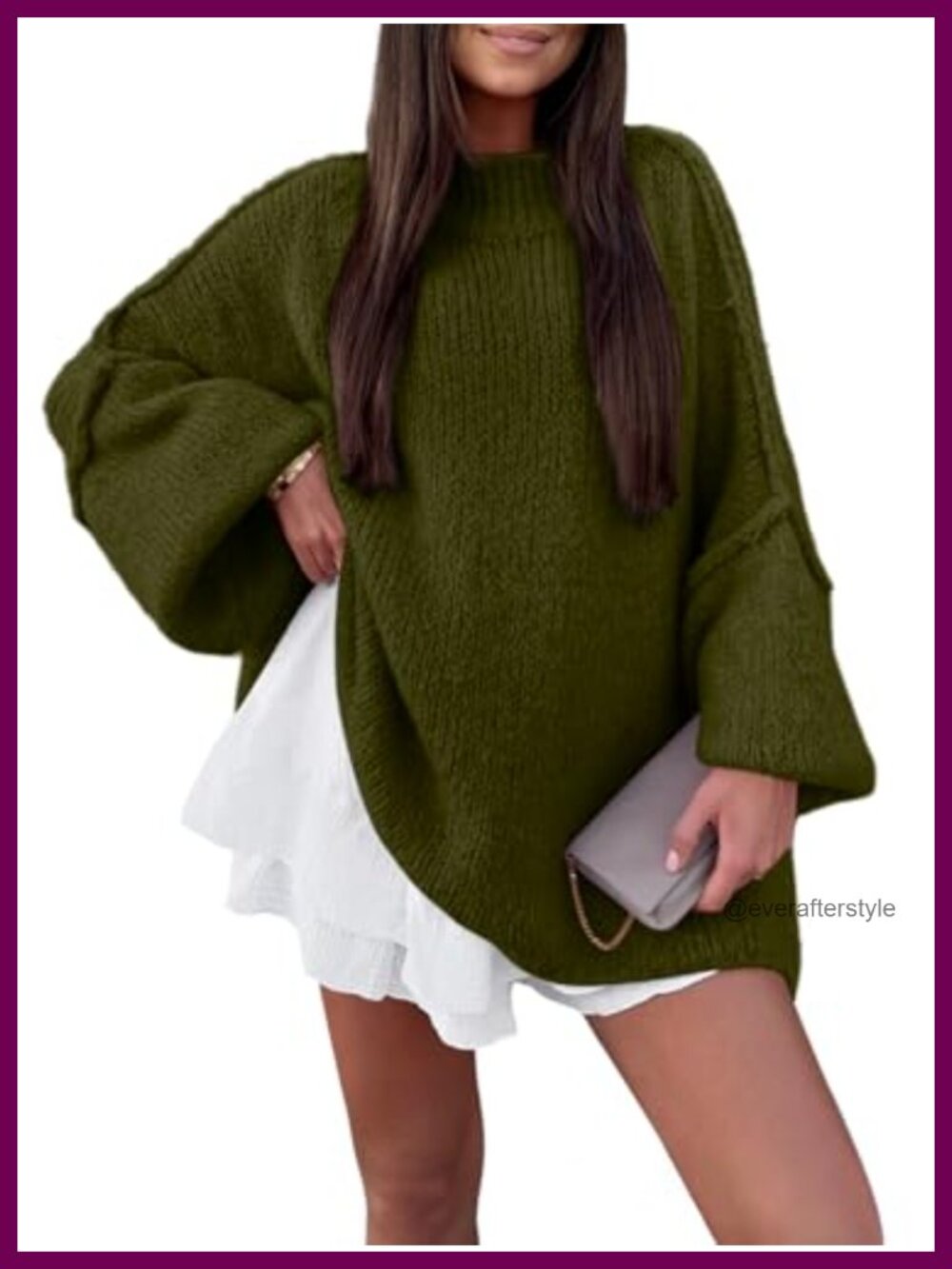 Oversized Mock Neck Batwing Long Sleeve Chunky Knit Sweater Pullover